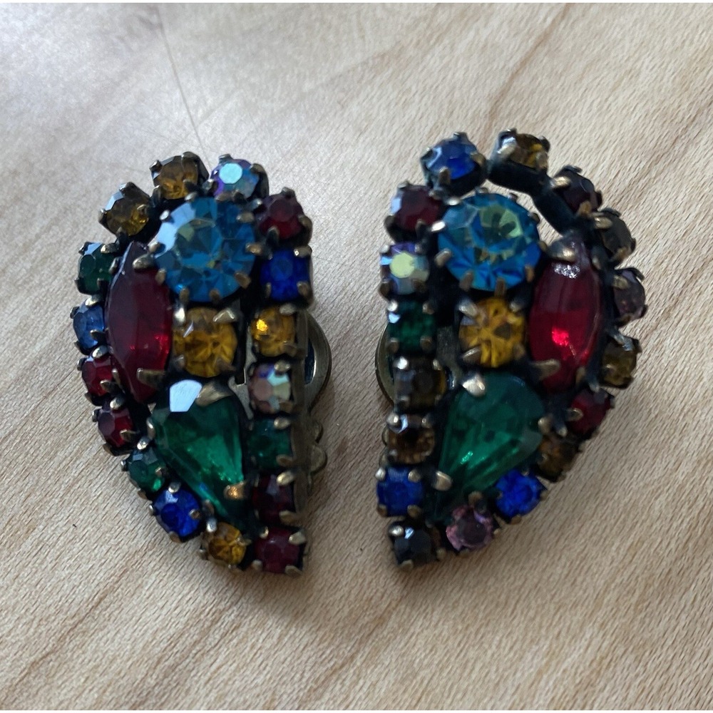 Vintage Signed Weiss Glass Rhinestone Gold Tone Clip On Earring Pair Teardrop